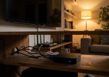 Petite box Android connectée posée sous un téléviseur éteint dans un salon, le soir (illustration)