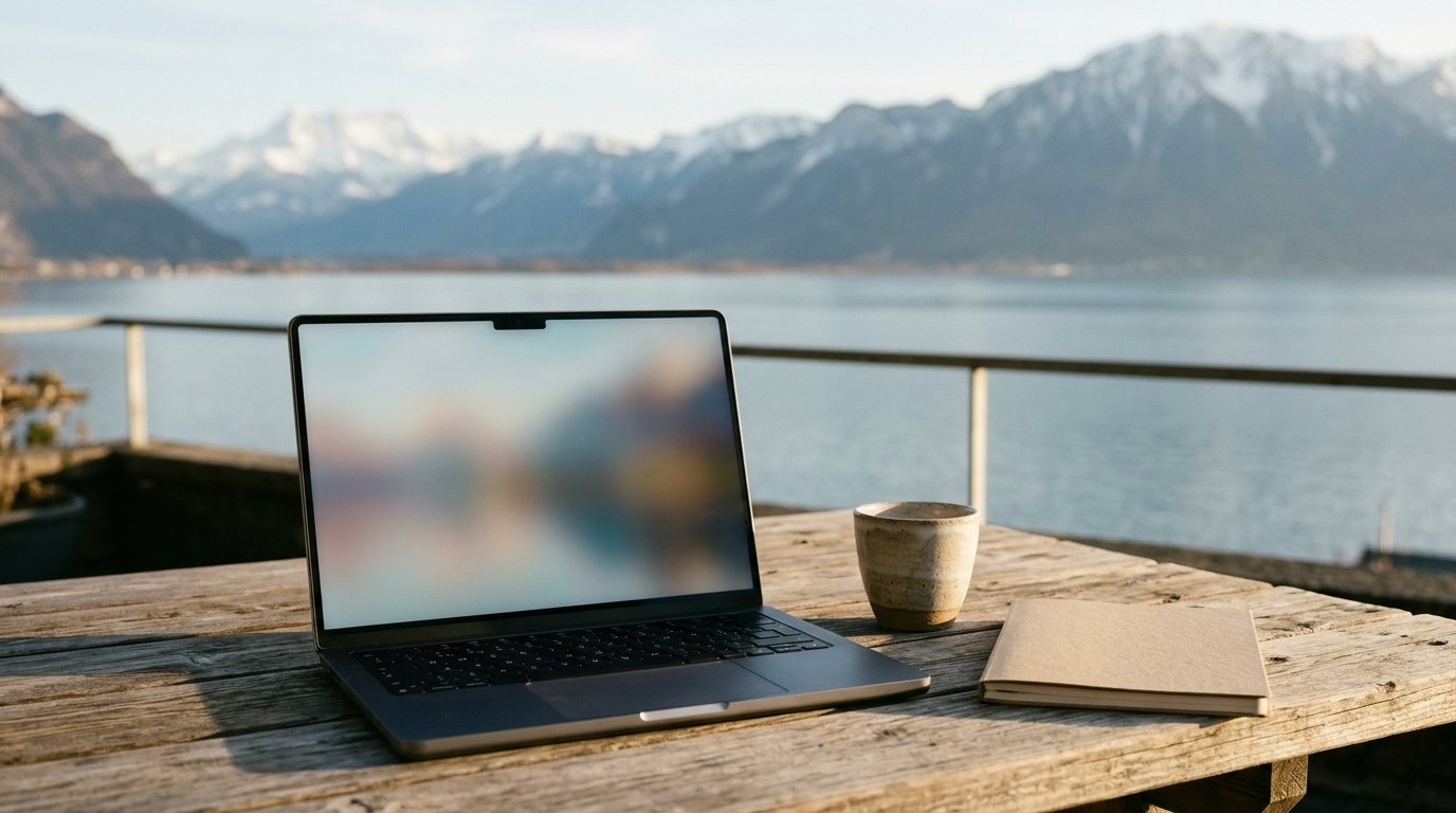 Apertus 1.5 : le modèle suisse ouvert qui parle aussi français 1 Ordinateur portable sur une table en bois face à un lac et aux Alpes, pour illustrer Apertus, le modèle de langage suisse