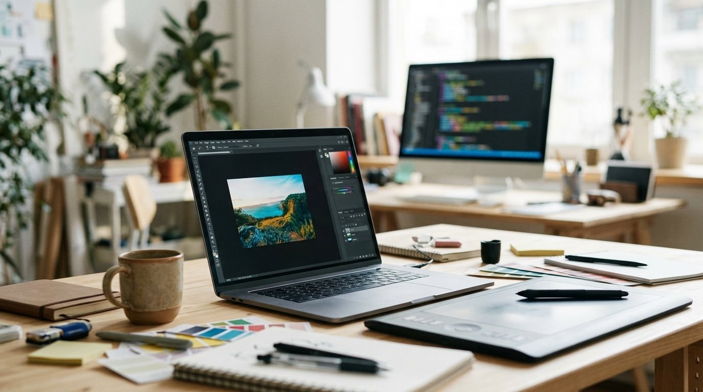 Poste de graphiste avec un logiciel de retouche photo ouvert et du code source à l’écran, illustration de la suite ArtCraft IA