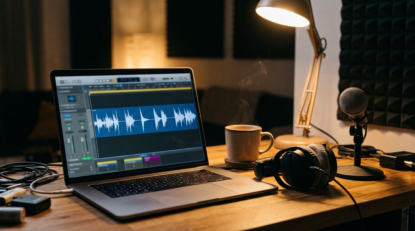 Poste de montage audio avec une forme d’onde de voix coupée de silences, casque et micro sur le bureau