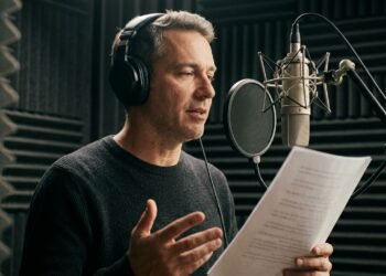 Comédien voix off lisant un script devant un micro de studio dans une cabine insonorisée