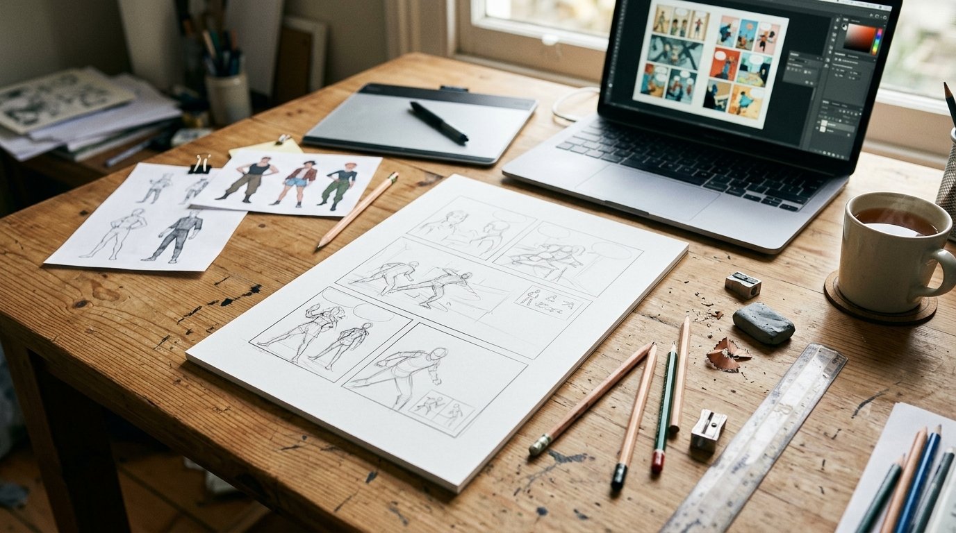 Table à dessin d’un atelier de bande dessinée IA : planche crayonnée, fiches de personnages, tablette graphique et ordinateur portable affichant des cases en couleur