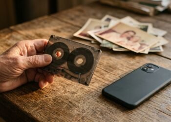 Main tenant une vieille cassette audio à côté d’un smartphone, symbole des anciens enregistrements qui servent à recréer une voix