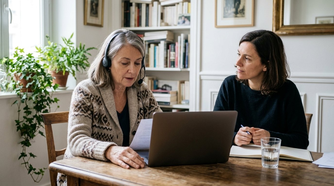 Banque de voix : l’IA rend leur propre voix à celles et ceux qui perdent la parole 1 Femme qui lit des phrases au micro-casque pour constituer sa banque de voix, accompagnée d’une orthophoniste, chez elle