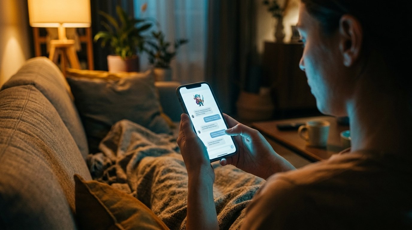 Illustration Character.AI, faillite : smartphone affichant une conversation avec un personnage IA, le soir