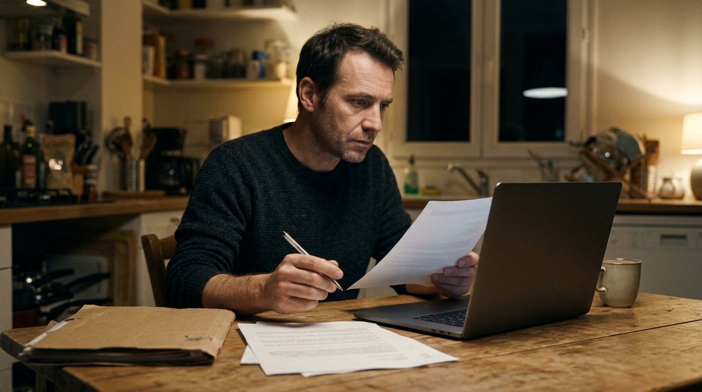Particulier qui relit un courrier officiel avant de préparer avec ChatGPT un recours administratif