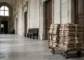 Couloir de juridiction administrative avec des piles de dossiers papier sur un chariot