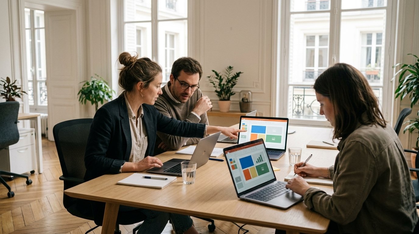 ChatGPT Slides : trois collègues retouchent la même présentation sur deux ordinateurs portables