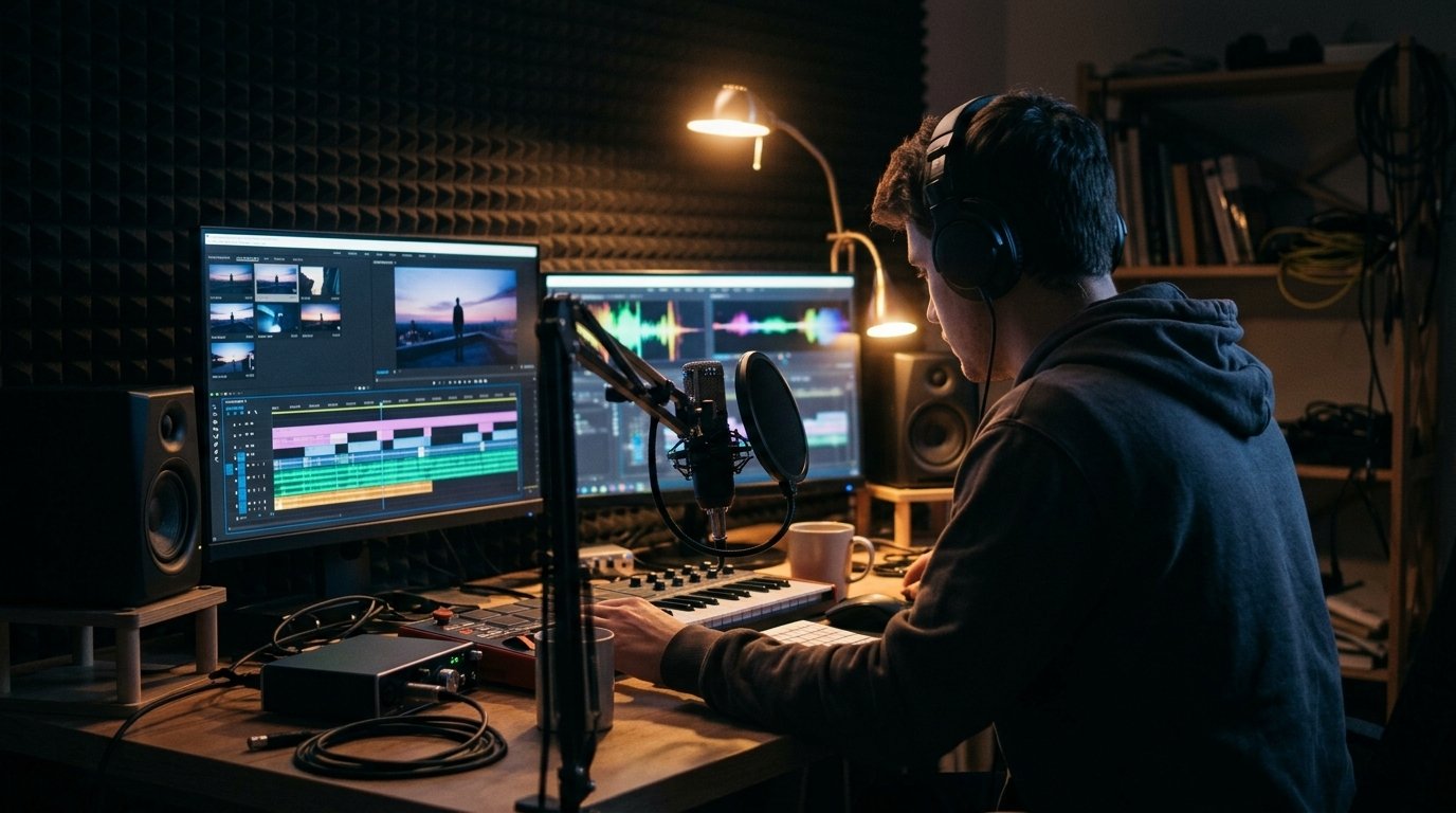 Clip musical IA : un créateur seul monte ses plans générés sur une timeline, casque sur les oreilles, dans un home studio le soir