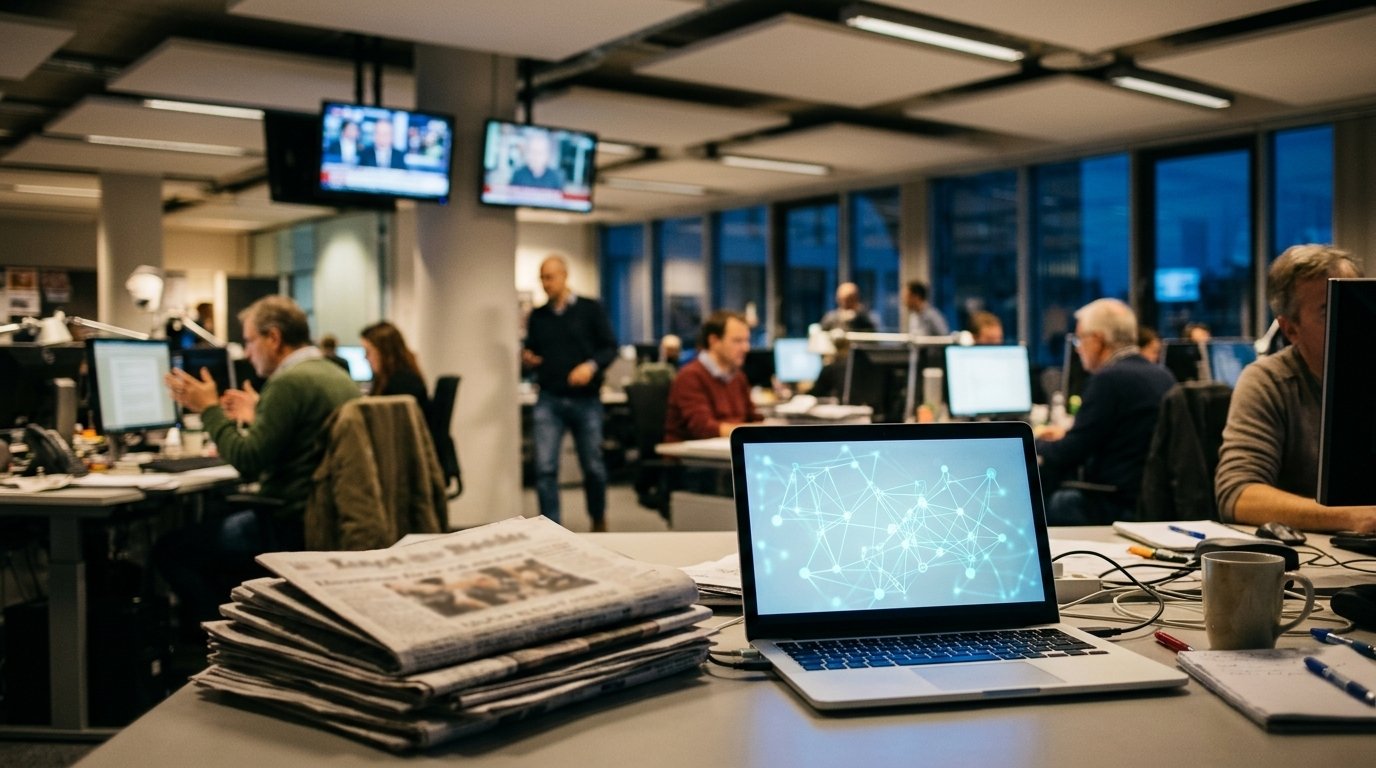 Coalition SPUR : journaux imprimés et ordinateur portable affichant un réseau de données dans une salle de rédaction