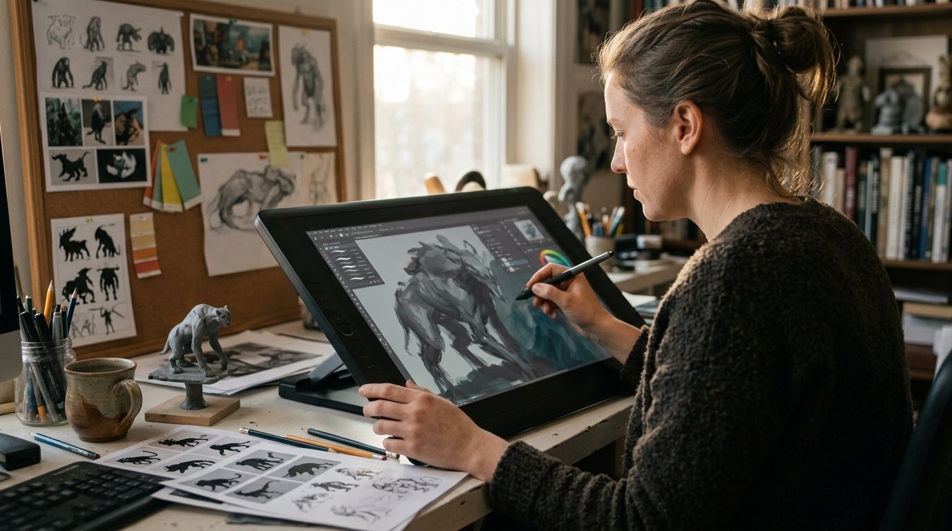 Concept art IA : une artiste peint une créature sur son écran graphique, entourée de vignettes imprimées et d’une maquette en argile