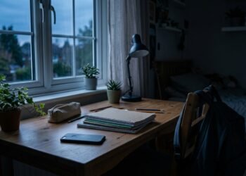 Bureau d’adolescent au crépuscule, téléphone retourné, cahiers, lampe éteinte et sac posé sur la chaise