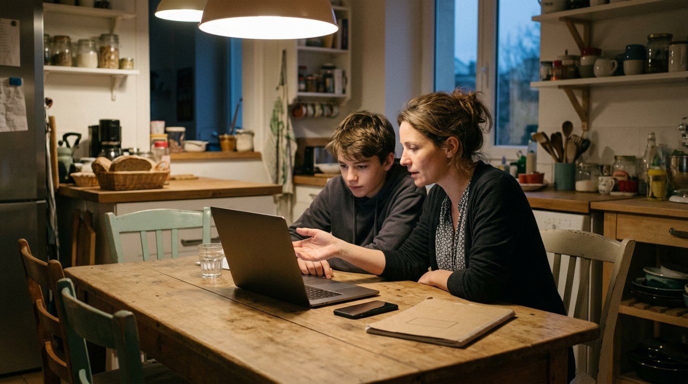 Contrôle parental ChatGPT : l’activer et ce qu’il bloque vraiment 1 Contrôle parental ChatGPT : une mère et son fils de 14 ans règlent ensemble son compte sur un ordinateur portable