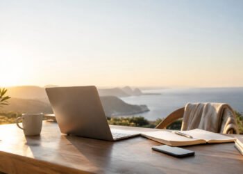 Un ordinateur portable ouvert sur une table en bois face à une vue panoramique sur l'océan au coucher du soleil.