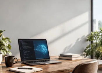 Comment utiliser l’IA pour coder en Python efficacement 3 Un ordinateur portable affichant du code Python et un hologramme de cerveau numérique sur un bureau en bois ensoleillé.