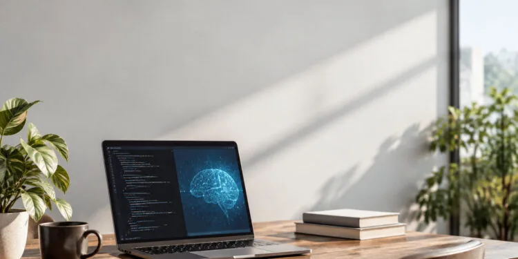 Accueil 45 Un ordinateur portable affichant du code Python et un hologramme de cerveau numérique sur un bureau en bois ensoleillé.