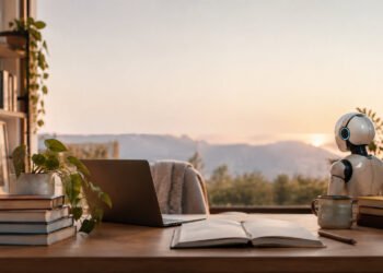 Un petit robot blanc assis à un bureau avec un ordinateur portable, des livres et une vue sur les montagnes au coucher.