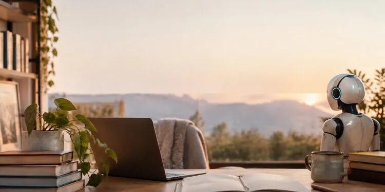 Accueil 46 Un petit robot blanc assis à un bureau avec un ordinateur portable, des livres et une vue sur les montagnes au coucher.