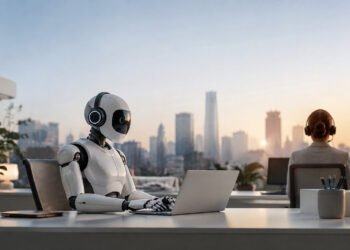 Un robot humanoïde blanc portant un casque travaille sur un ordinateur portable dans un bureau avec une vue sur la ville.