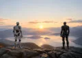 Deux robots humanoïdes, un blanc et un noir, debout sur une falaise face à un coucher de soleil sur un lac et des montagnes.