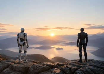 Deux robots humanoïdes, un blanc et un noir, debout sur une falaise face à un coucher de soleil sur un lac et des montagnes.