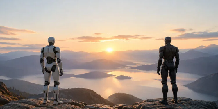 Deux robots humanoïdes, un blanc et un noir, debout sur une falaise face à un coucher de soleil sur un lac et des montagnes.