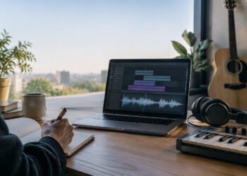 Une personne prend des notes devant un ordinateur portable affichant un logiciel de création musicale avec vue sur la ville.