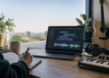 Une personne prend des notes devant un ordinateur portable affichant un logiciel de création musicale avec vue sur la ville.
