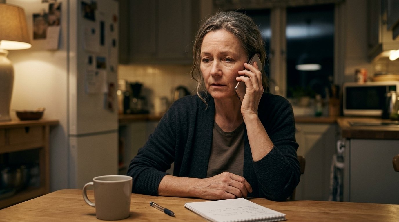 Femme inquiète au téléphone dans sa cuisine, face à un possible deepfake audio imitant la voix d’un proche