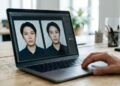 Deux portraits presque identiques à l’écran d’un ordinateur, dont l’un a été manipulé par IA (illustration)