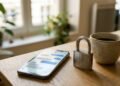 Smartphone posé sur un bureau à côté d’un cadenas, symbole des données confiées à un assistant d’IA