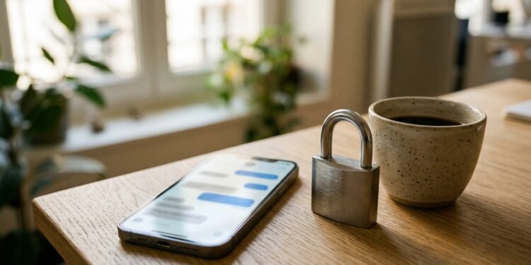 Smartphone posé sur un bureau à côté d’un cadenas, symbole des données confiées à un assistant d’IA