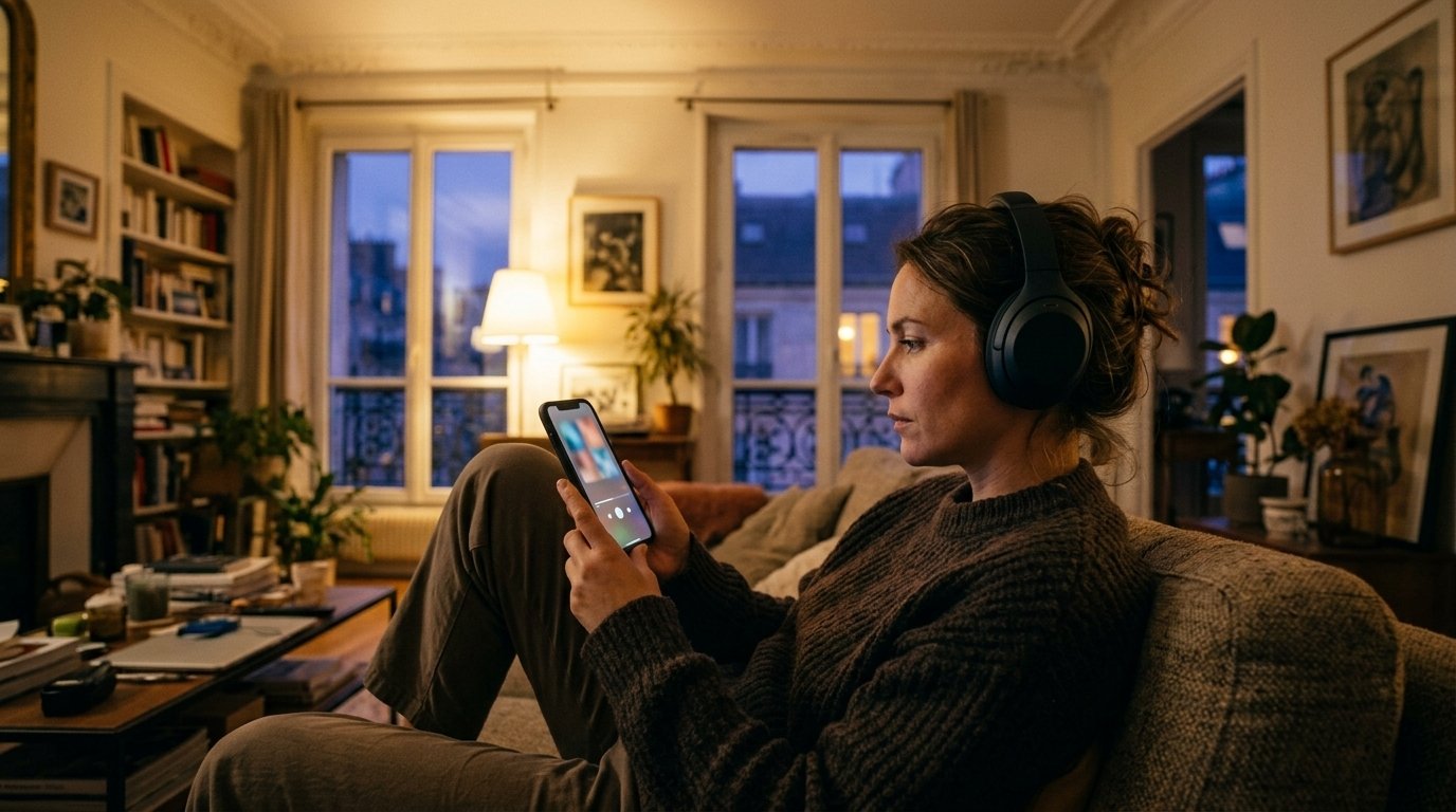Auditrice au casque qui fait défiler une appli de streaming sur son téléphone, le soir, dans un appartement parisien