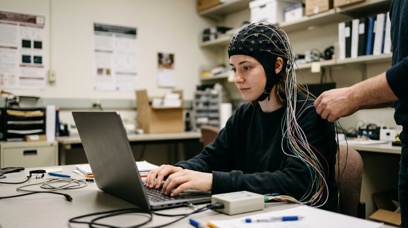 Dette cognitive : une étudiante coiffée d’un casque EEG rédige un essai sur un ordinateur portable