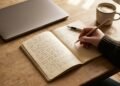 Carnet ouvert écrit à la main et crayon, à côté d'un ordinateur portable refermé sur un bureau en bois