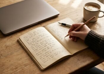 Carnet ouvert écrit à la main et crayon, à côté d'un ordinateur portable refermé sur un bureau en bois