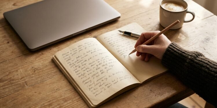 Carnet ouvert écrit à la main et crayon, à côté d'un ordinateur portable refermé sur un bureau en bois