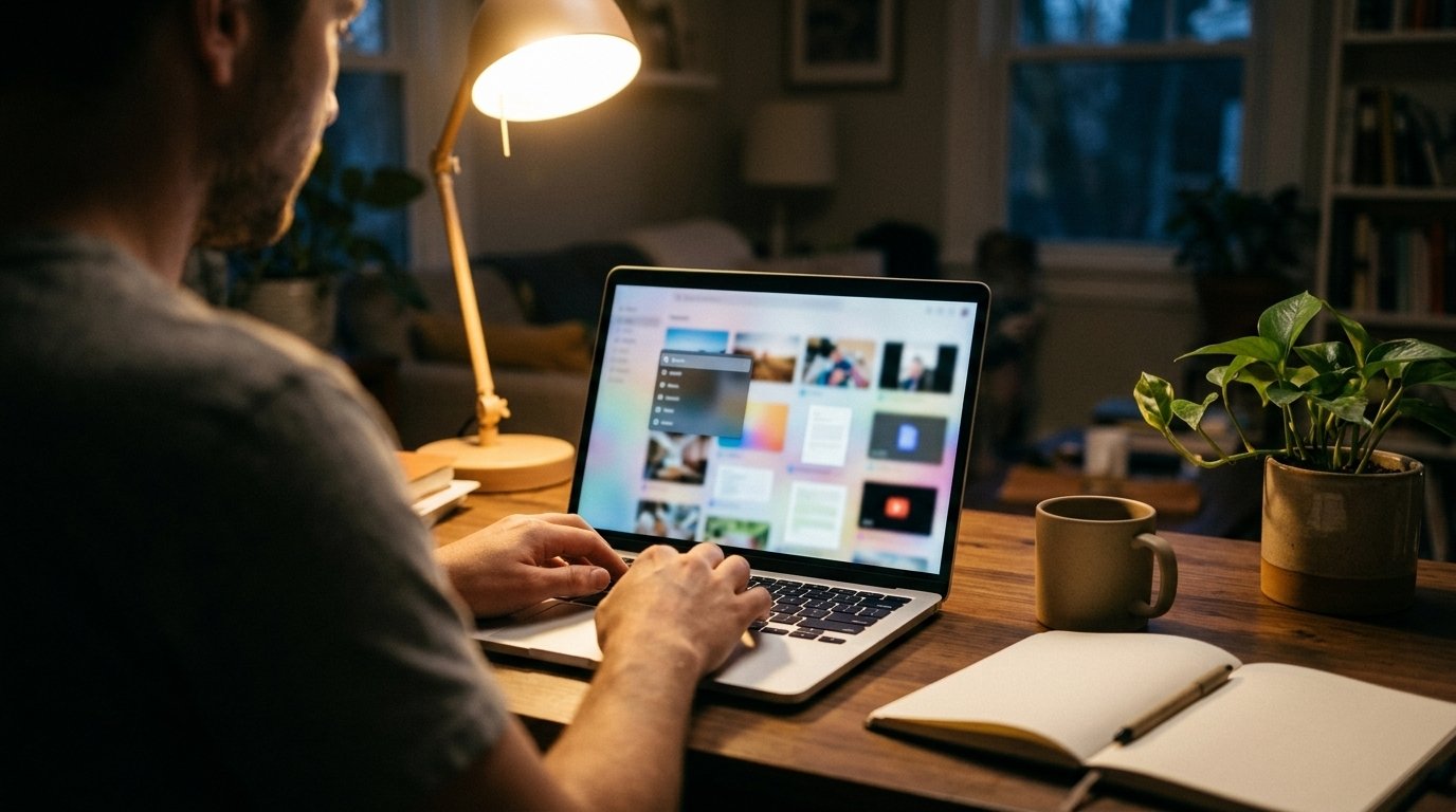 DigUp : retrouver un fichier par son sens, sans le cloud, sur Mac 1 DigUp sur Mac : personne qui cherche un fichier, panneau de recherche ouvert au-dessus de photos, de pages PDF et d’une vidéo
