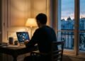 Un particulier travaille le soir sur un ordinateur portable relié à une enceinte connectée, devant les toits de Paris