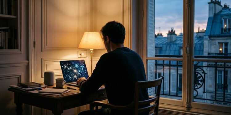 Un particulier travaille le soir sur un ordinateur portable relié à une enceinte connectée, devant les toits de Paris