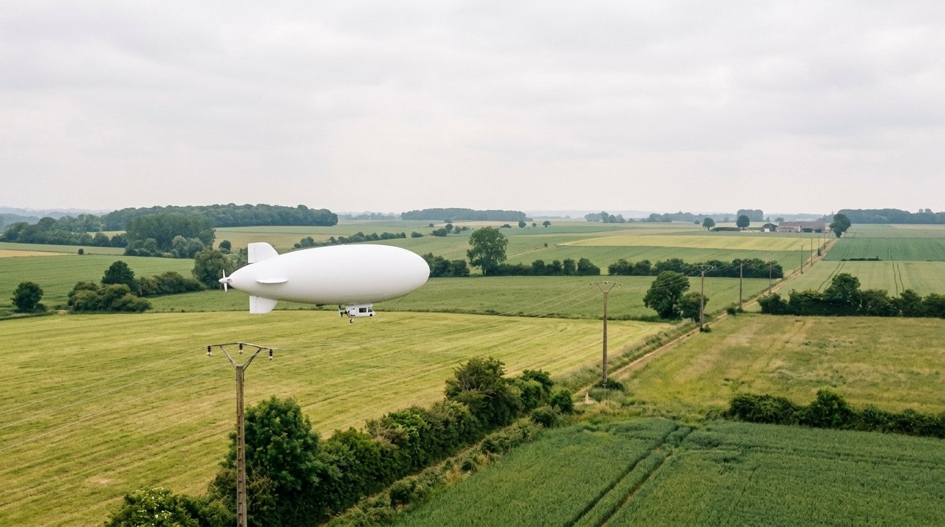 Dirigeable autonome : HyLight lève 13 M€ pour inspecter les réseaux 1 Dirigeable autonome blanc survolant une ligne électrique moyenne tension en pleine campagne