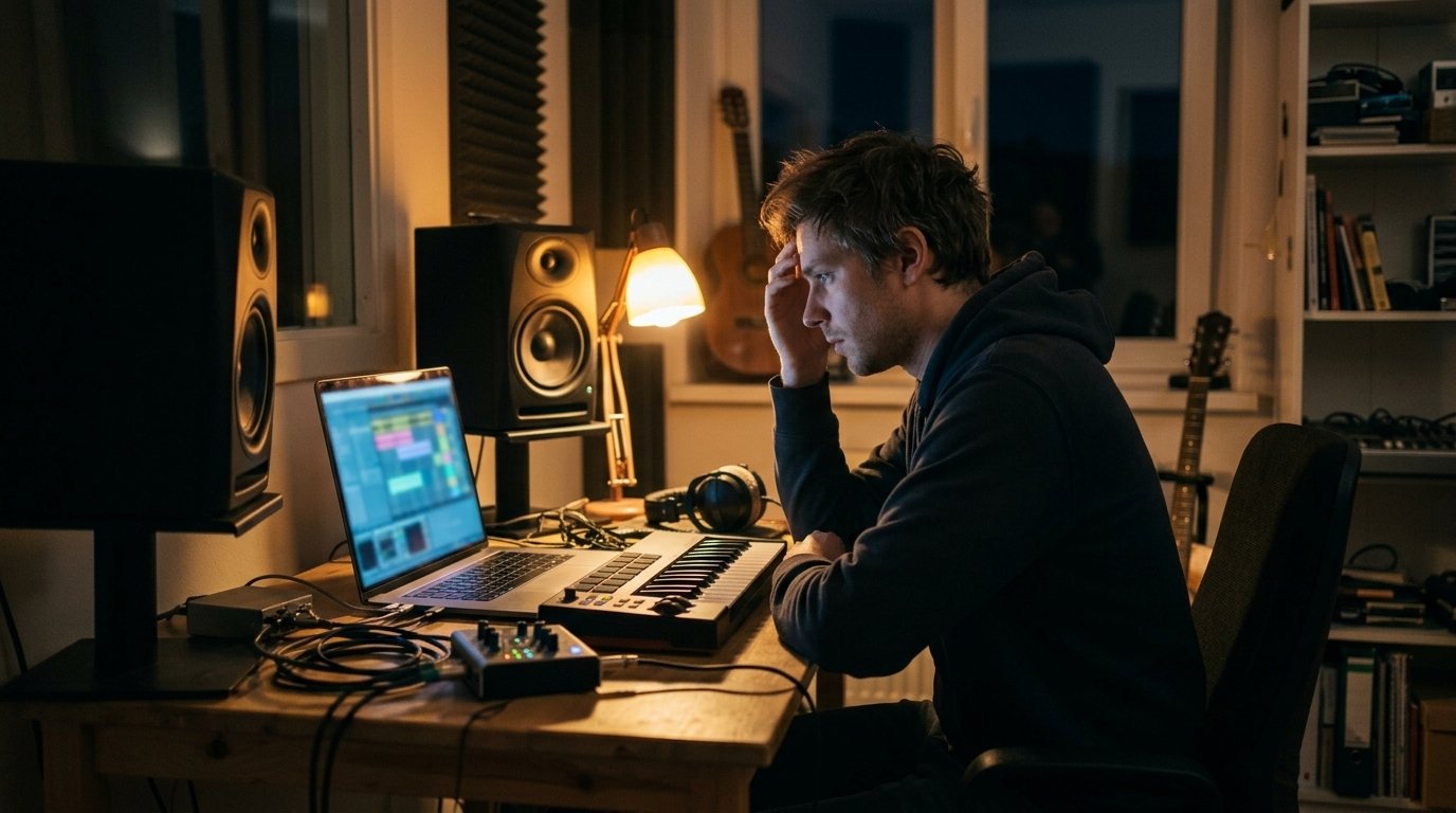 DistroKid retire des morceaux : ce que le procès d’Universal Music change pour les indépendants 1 Musicien indépendant dans son home studio face à un titre retiré par DistroKid