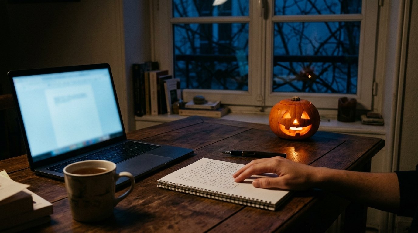 Écrire une histoire d’horreur avec l’IA : bureau de nuit, ordinateur portable, carnet manuscrit et citrouille éclairée