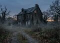 Vieille maison de pierre dans la brume au crépuscule, au bout d'un chemin de gravier bordé d'arbres nus