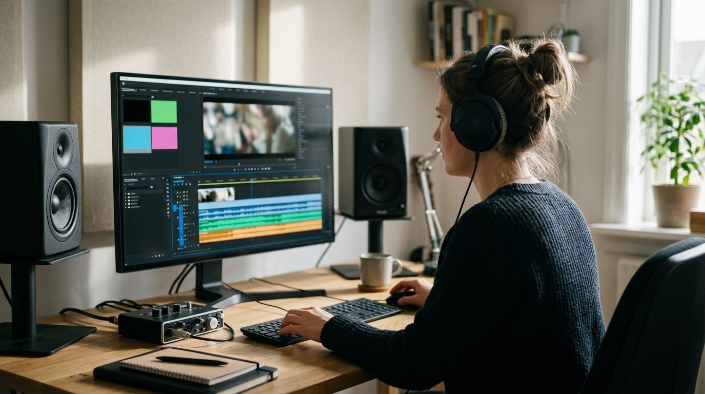 ElevenLabs Instant Soundtracks : musique et bruitages calés sur votre vidéo 1 Monteuse au casque devant une timeline où les pistes de musique et de bruitages d’ElevenLabs Instant Soundtracks s’empilent sous la vidéo