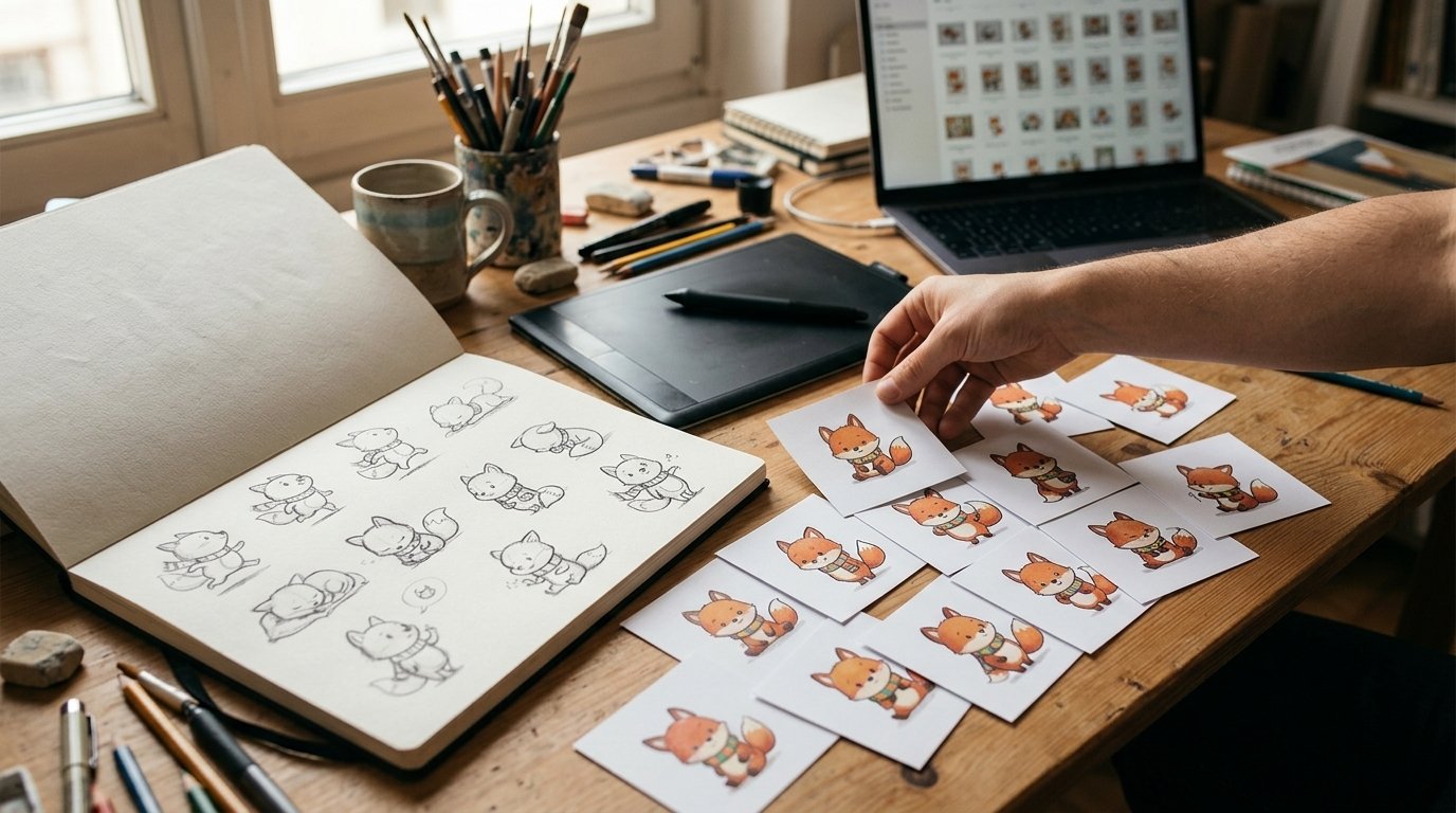 Entraîner un LoRA sur son personnage : un illustrateur sélectionne les dessins d’un petit renard à écharpe pour son jeu d’images