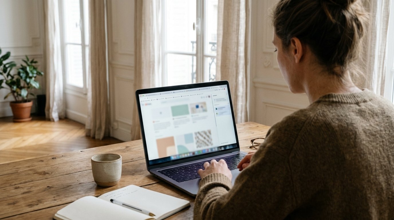 Femme travaillant sur un ordinateur portable dont le navigateur affiche un panneau d’assistant, illustration de l’extension ChatGPT Chrome