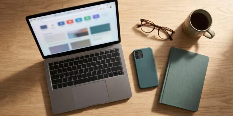 Bureau avec un ordinateur portable ouvert sur un navigateur aux nombreux onglets, à côté d’un smartphone, de lunettes et d’une tasse