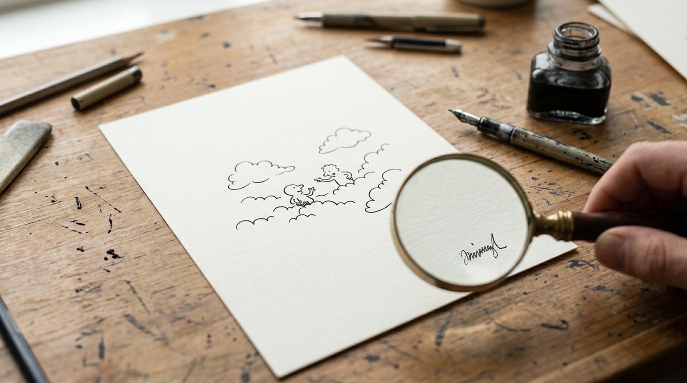Fausse signature IA au bas d’un dessin humoristique examinée à la loupe sur une table de dessinateur