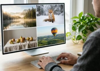Écran affichant quatre images générées par IA en local, mains sur le clavier